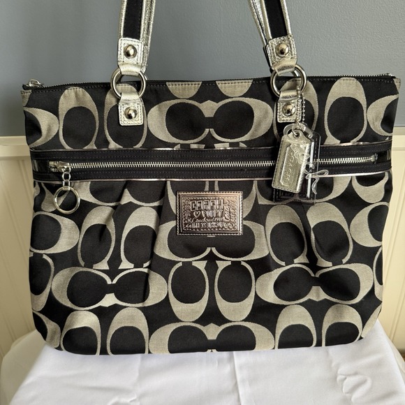 Coach Handbags - Coach Poppy Large Shoulder Tote Bag Purse Black Silver Shopper Signature C